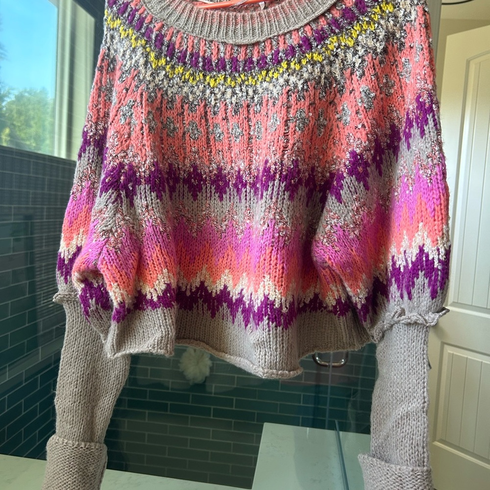 Free People Pink and Purple Fair Isle Crew Neck Sweater